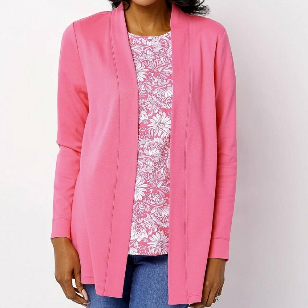 Isaac Mizrahi Pink Open-Front Cardigan with Floral Top
